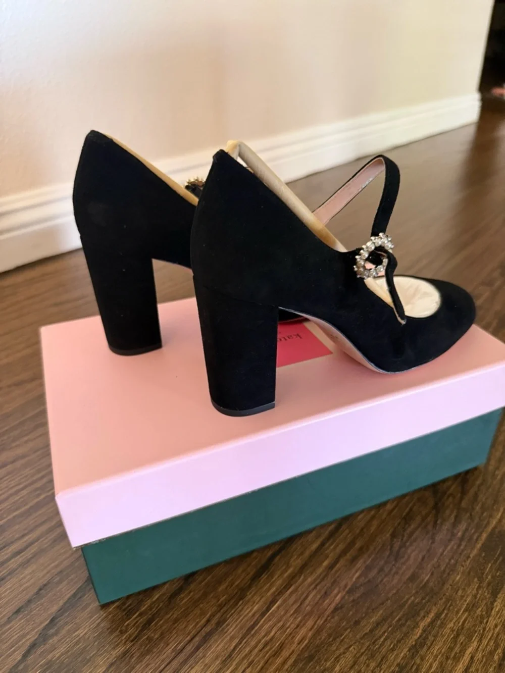 kate spade Black Suede Mary Jane Pumps with Jeweled Strap - Mara
